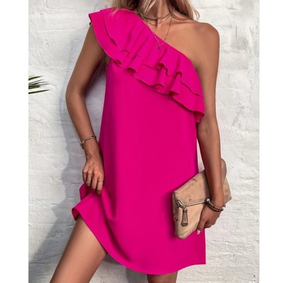 private label Dresses & Skirts - One Shoulder Ruffle Detail Tunic Mini Dress Vacation Hot Pink